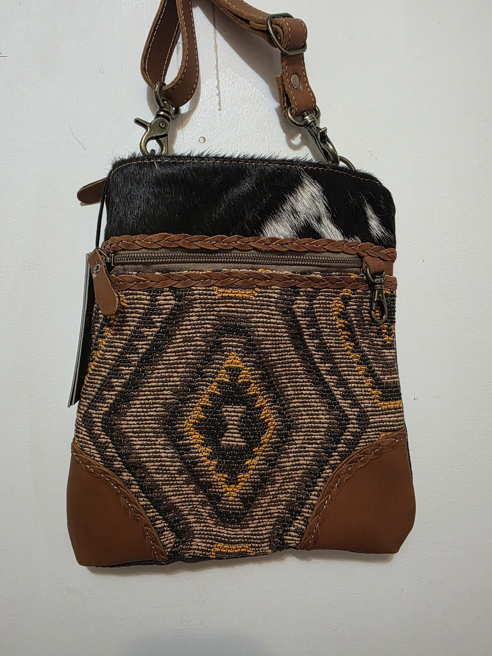 Myra Bag Brown, Black & Cream Patterned Crossbody